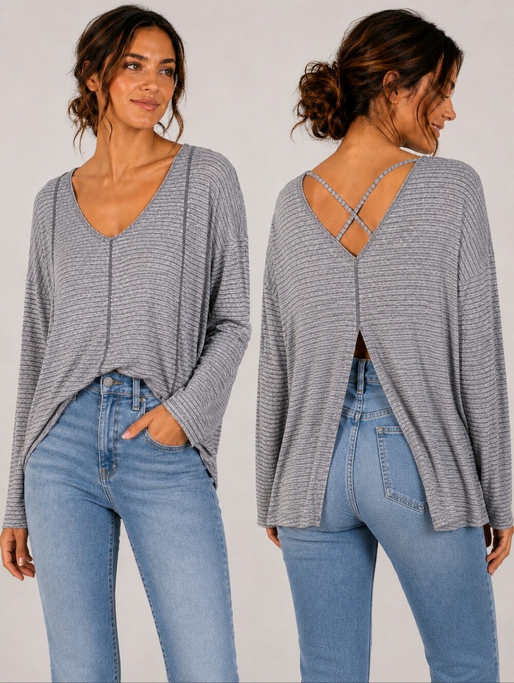 The North Face | Women's Light Gray Striped Long Sleeve Top, Size L